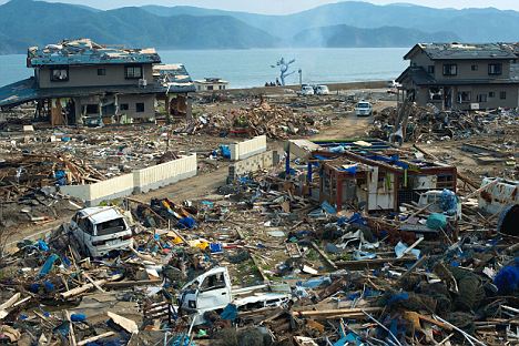 No change: The wrecked port of Onagawa looks as bad today as it did in the days after the tsunami and earthquake
